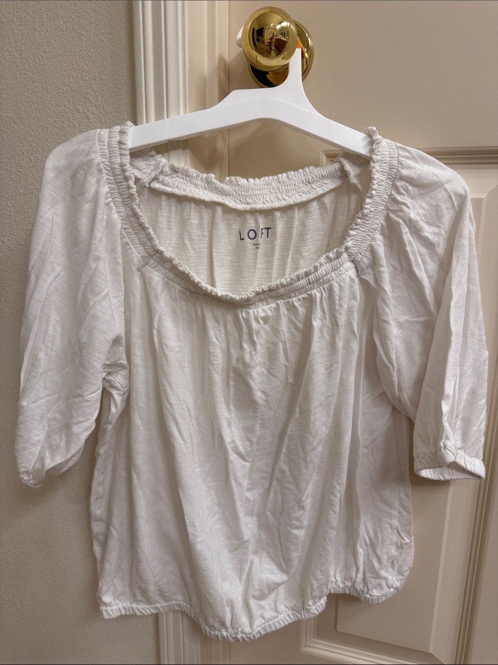 LOFT White Smocked Scoop-Necki Peasant Blouse